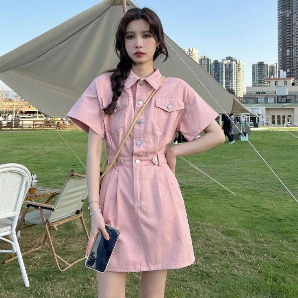 Vestidos casuais moda coreana harajuku estilo vestido para adolescentes meninas mulheres verão rosa de manga curta polo colarinho cintura alta bolsos mini