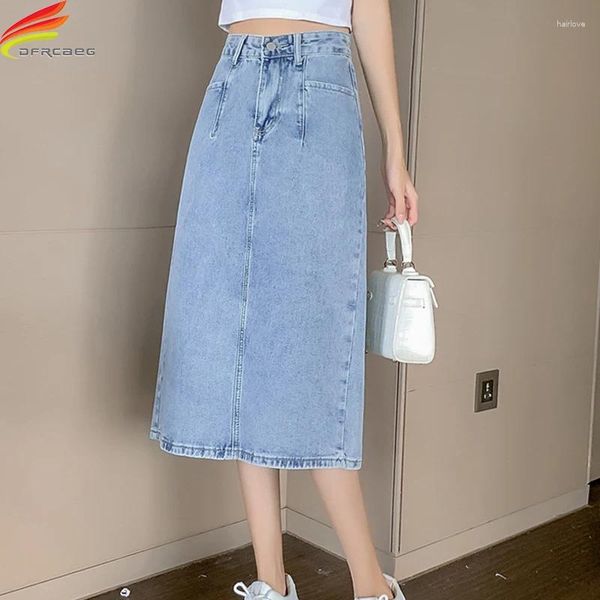 Saias DFRCAEG Long Denim Saia Mulheres 2023 Primavera Street Wear Coreano Moda Cintura Alta Azul Maxi Slit Faldas Front Pockets Saia Jeans