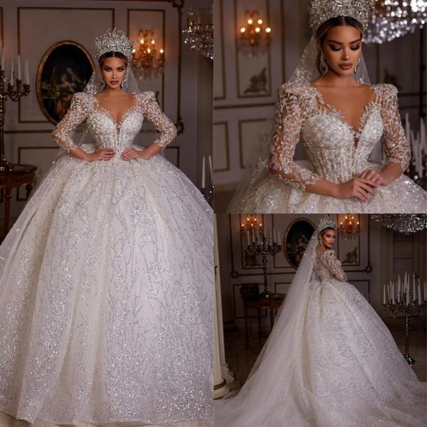 Stunningbride 2024 vestido de casamento de luxo vestidos de princesa com decote em v miçangas ilusão floral manga brilhante cristal fofo saia vestidos de noiva