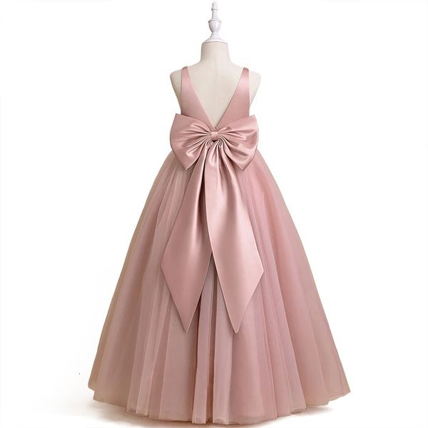 Elegantes Mädchen-Kleid mit großer Schleife, Teenager-Mädchen, weiß, Erstkommunion-Zeremonie, lange Robe, Kleidung für Kinder, Bridesmild, Hochzeit, V-Ausschnitt, Vestidos 231228