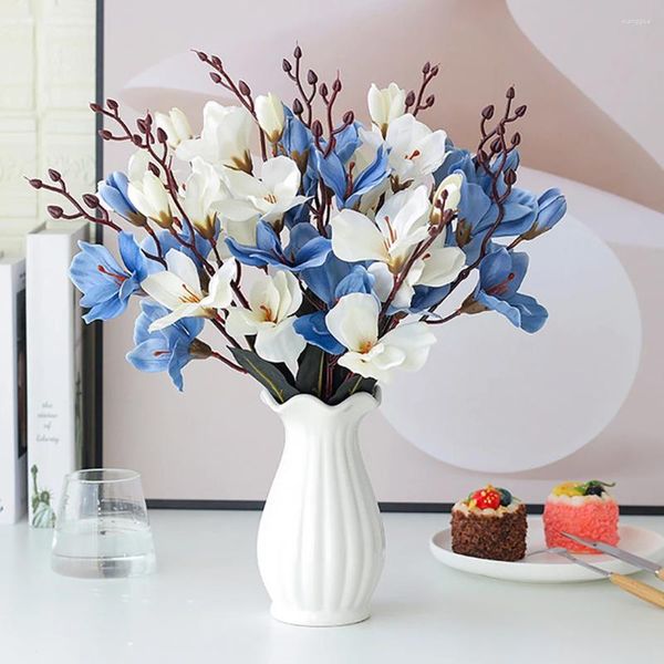 Flores decorativas 5 garfos 20 cabeças flor de magnólia artificial branco rosa roxo azul para decoração de casa tulipas falsas buquê de seda casamento