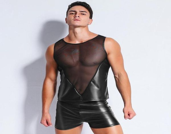 Erkek Tişörtler Seksi Men039s Eğlenceli Patent Deri Siyah Mesh Tshirt Üstler Tees ıslak görünüm fetiş lateks ds lingerie catsuit egzotik kulüp giyim costume8911022 elk2