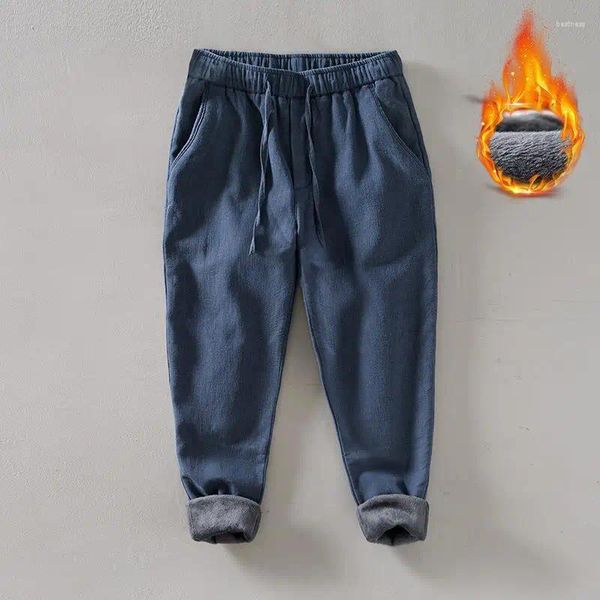 Calças masculinas outono inverno homens linho algodão leggings cintura elástica cordão casual calça bolsos corredores calças moletom streetwear