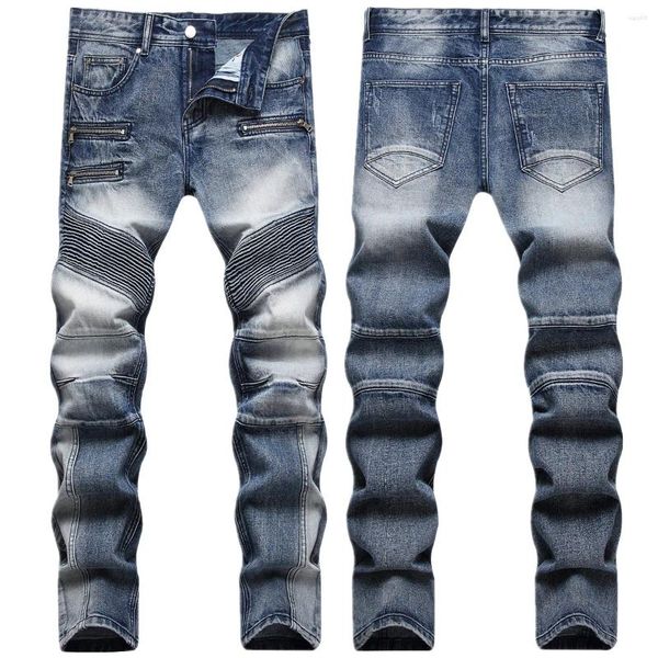 Herren Jeans 2023 Retro Patchwork Street Trend Personalisierte Plissee Slim Fit Distressed Motorradhose Für Alle Jahreszeiten