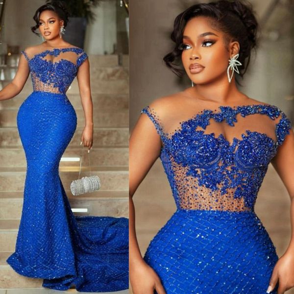 Abiti da sera eleganti blu royal scintillanti Illusion Promdress Abito formale da ballo per occasioni speciali Sirena Abiti da secondo ricevimento Abito da festa di compleanno NL183