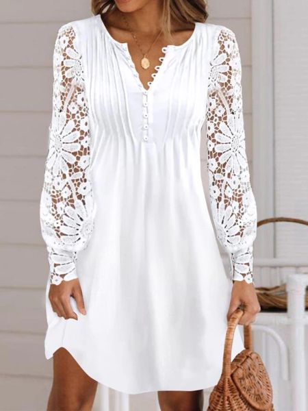 Beyaz mini elbise kadınlar yaz zarif elbise kadın moda o boyun düğmesi elbise bayanlar dantel içi boş out uzun kol