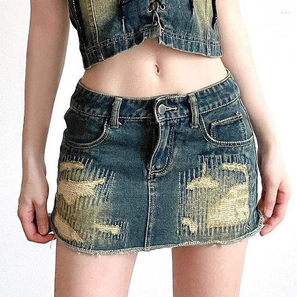 Юбки Сексуальная повседневная модная ретро джинсовая юбка 2023 рваная стирка контрастного цвета американская трапециевидная женская юбка до бедра