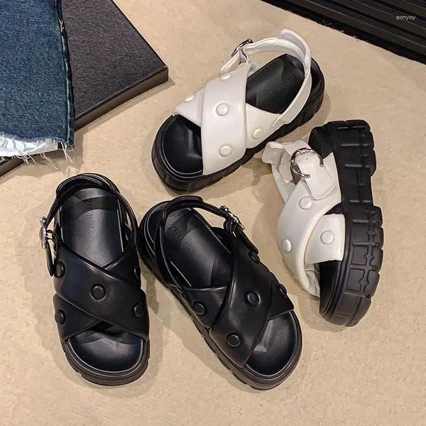 Sandalen Plattform Frau Alias Sommer Leder Wohnungen Klassische Schwarz Weiß Damen Schuhe 2023 Zapatillas Einfache Runde Zehe Sapato