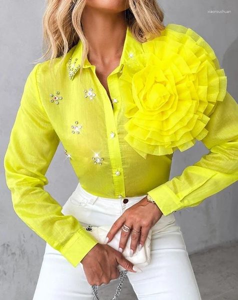 Camicette da donna Camicetta da donna con dettaglio rosa con strass Colletto rovesciato Camicia con design a perle primaverili Camicetta monopetto semitrasparente a maniche lunghe