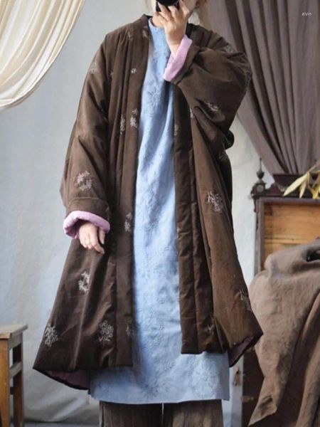 Trench da donna Cappotto imbottito in velluto a coste di cotone sciolto da donna Parka ricamato vintage da donna 2024 Top invernali