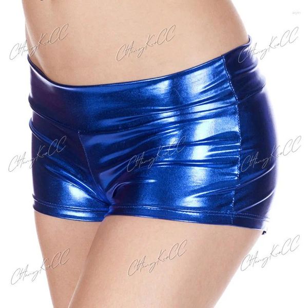 Shorts femininos mulher sexy brilhante pu cintura média adulto roxo azul vermelho prata metálico rave booty dança couro s-2xl