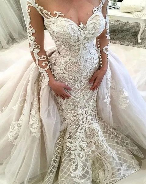 Sheer Long Sleeves Spitze Meerjungfrau Hochzeitskleid 2024 Tüll Applique Perlen Abnehmbarer Zug Arabisch Brautkleider Vestidos De Novia Hot