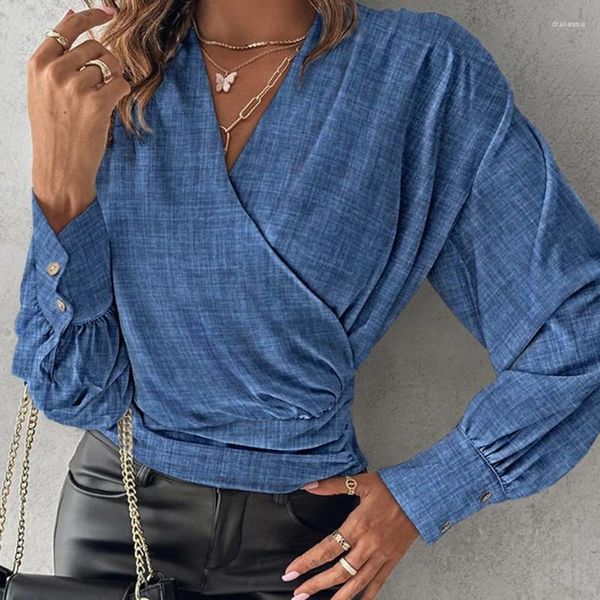 Camicette da donna Camicia patchwork a maniche lunghe con scollo a V femminile Sexy Temperamento casual da pendolarismo Pullover Top Elegante modello Stampa High Street