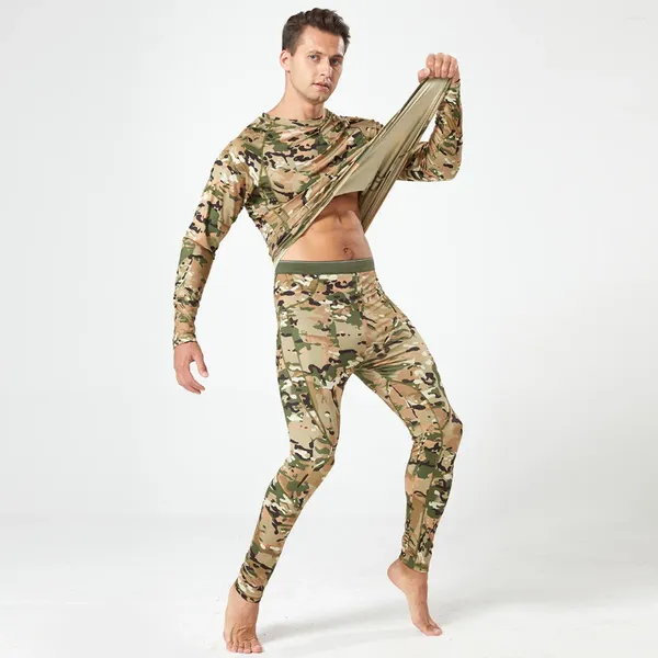 Fatos masculinos vendendo outono e inverno ao ar livre velo roupa interior térmica conjunto russo camuflagem esportes