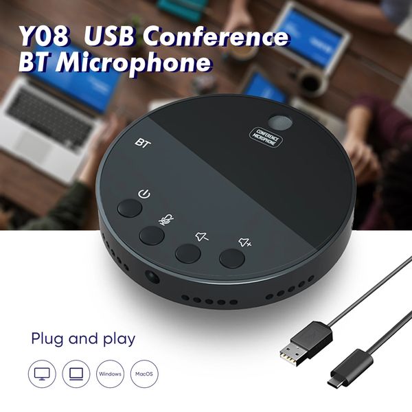 Altoparlante per conferenza USB da tavolo Microfono BT Microfono a condensatore omnidirezionale a 360° per computer Funzione MuteVolume con altoparlante 231228