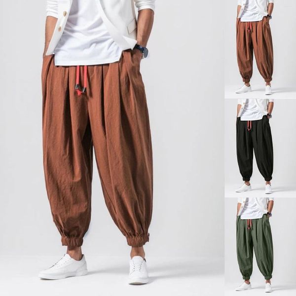 Calças masculinas moda elástica cor sólida solta casual calças largas japonês y2k algodão linho harem roupas