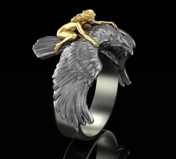 Bohemia Steampunk Black Eagle Men039s Alyans Lüks Altın Kız Kadınlar Moda Mücevherleri için Yüzükler Üzerinde Uçan