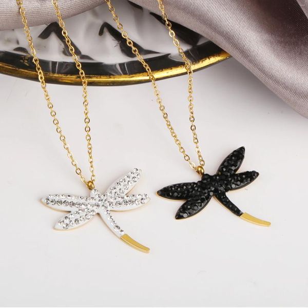 Colares pingentes ins delicado aço inoxidável incrustado cristal libélula colar moda bonito inseto vintage mulheres jóias