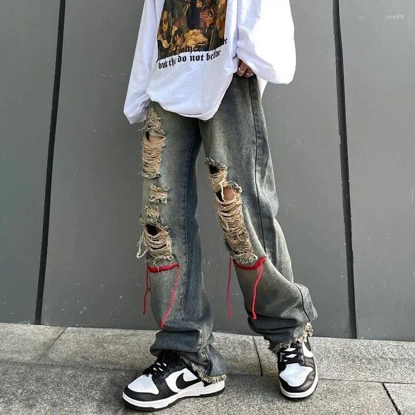 Herrenjeans Koreanischer Stil Ins Hip-Hop Trendy Distressed Red Rope Vintage Gewaschene und getragene lange Hose mit geradem Bein