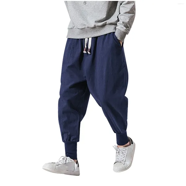 Männer Hosen Baumwolle-Leinen Männer Feste Elastische Taille Jogger Drop-Crotch Casual Hosen Harlan Kleidung Pantalones Hombre