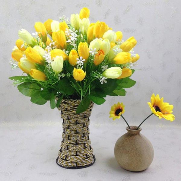 Flores decorativas 1 buquê 5 garfos 15 cabeças tulipa de seda artificial com folhas verdes para festa de casamento decoração de casa do dia dos namorados