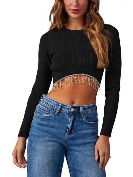 Mulheres Camisetas Mulheres Camisa de Malha Grunge Redondo Pescoço Manga Longa Slim Fit Ribbed Crop Tops 90s Strass Trim Tee Streetwear