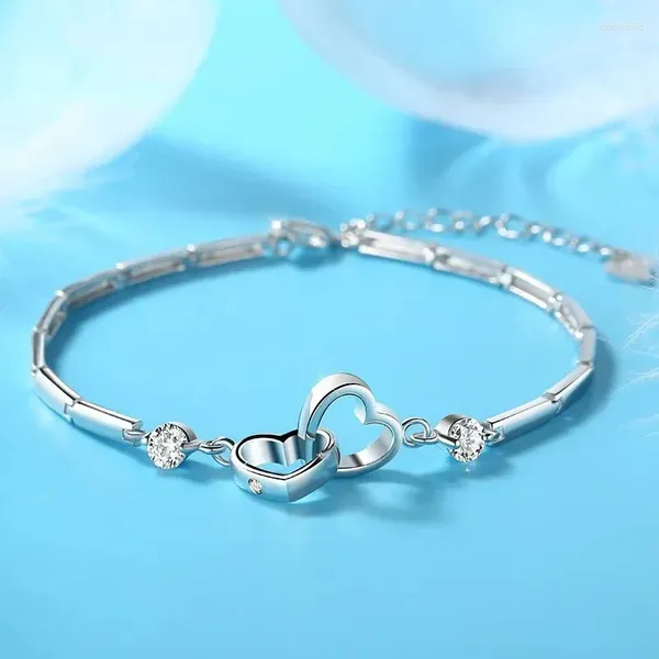 Charme pulseiras encantos genuíno tibetano prata pulseiras para mulheres dia dos namorados presente zircão cúbico duplo coração pulseira jóias