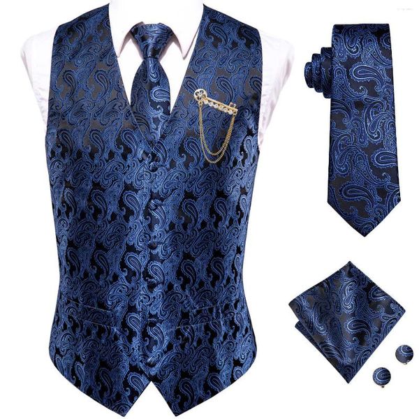 Gilet da uomo Vesta di seta blu navy per uomo Classico jacquard paisley Gilet con scollo a V maschile Giacca formale da sposa Business Designer Party Hi-Tie