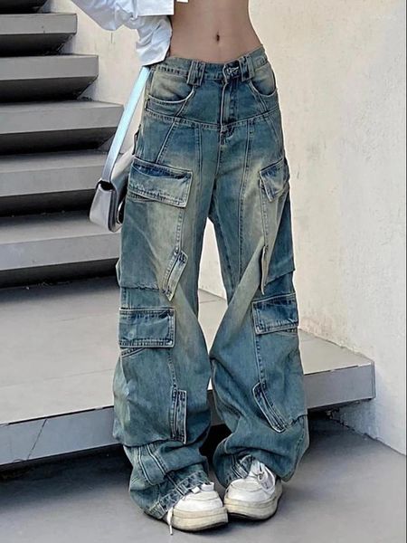 Jeans da donna Donna Stile americano Moda giapponese Denim Estetica Pantaloni Coquette Anni '90 Tunica con soldi vecchi Tasche multiple Allentate