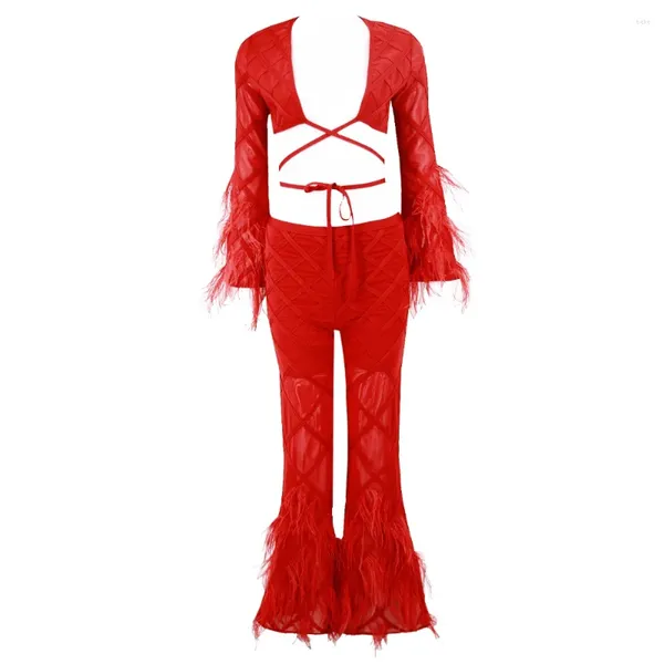 Женские брюки, сексуальный сетчатый лоскутный топ с перьями, расклешенный комплект 2023, женские красные вечерние комплекты из 2 предметов с длинными рукавами, повязки