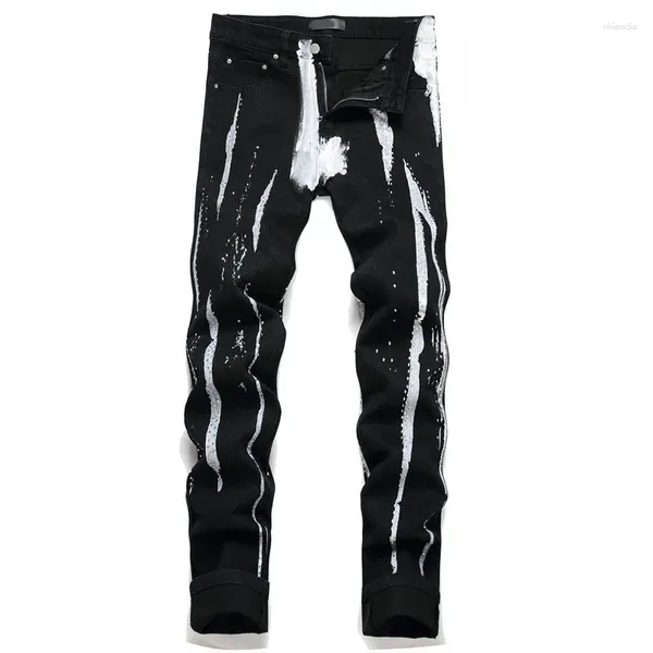 Herren Jeans Männer Schwarz Farbe Graffiti Diamant Elastische Skinny Denim Hosen Hip Hop Jogging