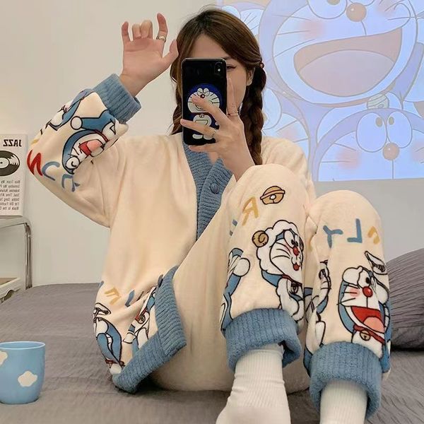 Sonbahar Kış Kawaii Karikatür Pama Setleri Kadınlar Pijamalar Ekose pazen şezlong pijama kızı Pijama Mujer Gece Takımları Homewear PJ 907