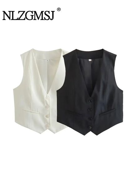 Nlzgmsj TRAF mode femmes gilet sans manches gilets pour Chic col en v simple boutonnage dames blanc gilet hauts 231229