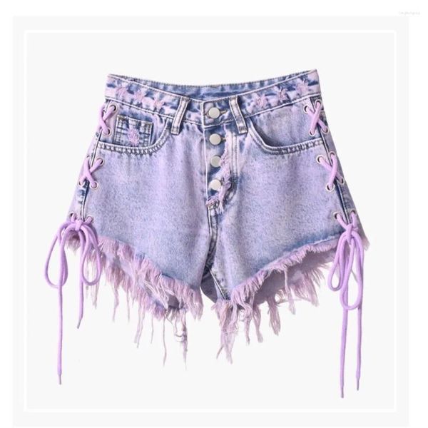 Женские шорты, лето 2023, фиолетовые джинсовые брюки с кисточками на шнуровке и высокой талией, тонкие широкие брюки трапециевидной формы для девочек