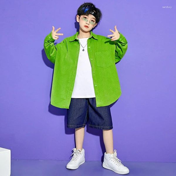 Palco desgaste crianças kpop hip hop roupas verde oversized camisa tops streetwear baggy denim shorts para menina menino jazz dança traje roupas