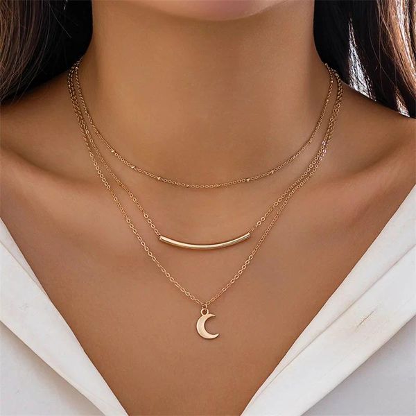 Colares de pingente 3 peças curvado crescente em forma de sol lua colar conjunto acessórios elegantes corrente de clavícula para mulheres moda jóias