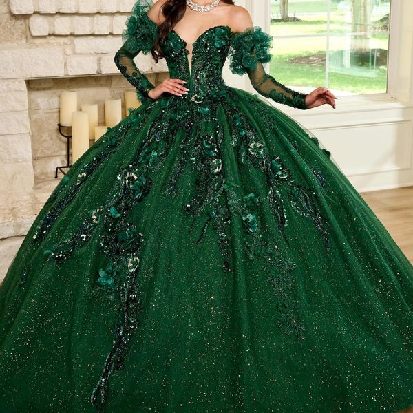 Abiti Quinceanera verde smeraldo Fiore di tulle che borda la spalla Abito da festa Appliques Abito da ballo con strascico di corte con lacci