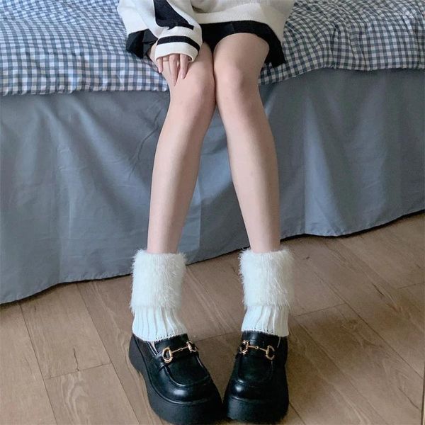 Frauen Socken frauen Winter Warme Weibliche Gestrickte Haarigen Fuß Abdeckung Einfarbig Lolita JK Leggings Boot Manschetten Harajuku
