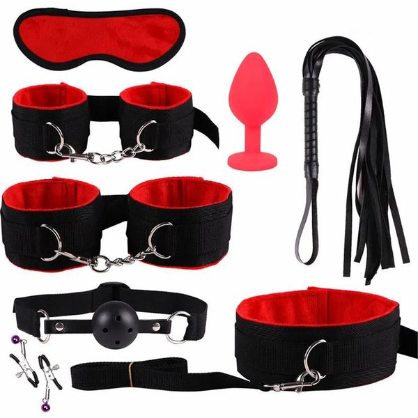 Brinquedos sm jogos sexuais algemas bondage conjunto escravo colar punhos de mão contenção bola boca mordaça aumentar o prazer sexual sexs brinquedos para casais