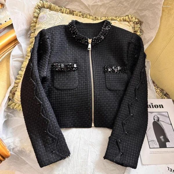 Jaquetas femininas preto curto cardigan zíper cravejado com diamantes em torno do pescoço tweed jaqueta estilo de emagrecimento topo outono