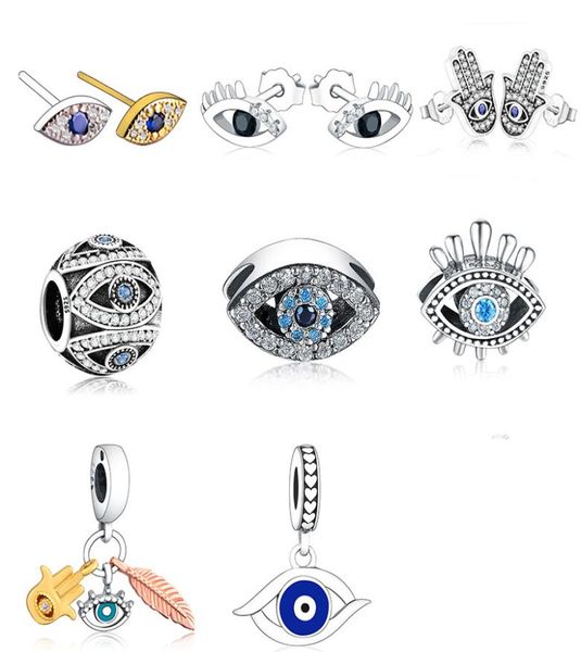 925 Argento Fit P Charm 925 Bracciale Bracciale Neckalce Argento sterling 925 Tronco Turchia Blu Evil Eye Zirconia Set di ciondoli perline Ciondolo Fai da te Perline fini Gioielli6377556