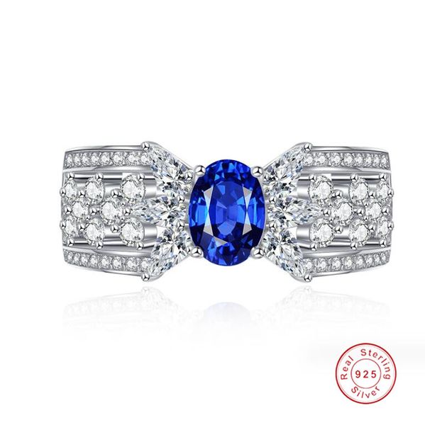 Choucong Ins Anelli nuziali Gioielli di lusso Soild Pure 100% Argento sterling 925 Taglio ovale Blu Sapphie Moissanite Diamond Party Anello da sposa per donna Regalo amante