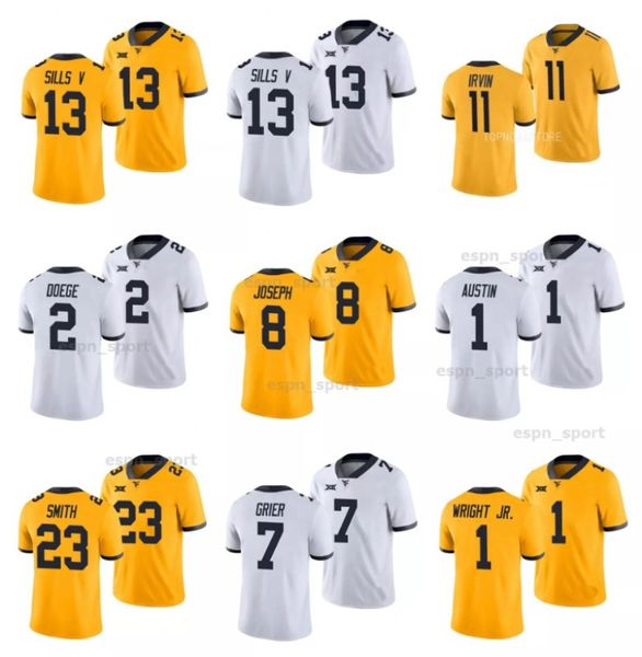 2024 West Virginia Mountaineers Maglia da calcio College NCAA 13 David Sills V 7 Will Grier 2 Jarret Doege 11 Bruce Irvin 12 Geno Smith 1 Tavon Austin Bianco Giallo S-4XL