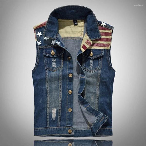 Coletes masculinos denim colete impresso sem mangas jeans jaqueta homens casual rasgado fino ajuste colete de algodão cowboy hip hop streetwear casacos