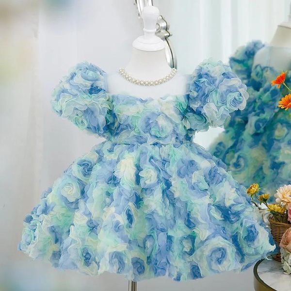 Kleider neue blaue Perlen Blumenmädchenkleider Ballkleid Tüll Kleines Mädchen Brautkleider Kommunion Festzug Kleider Kleider Prinzessin Ärmellos