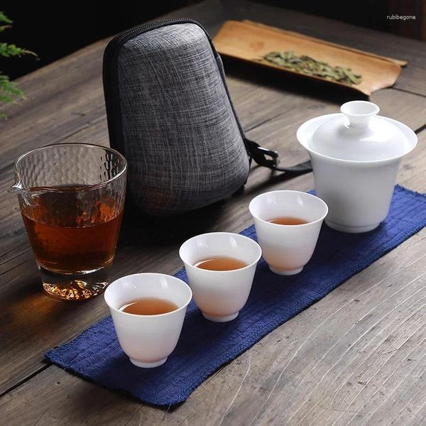 Set da tè Teiera in ceramica bianca Tè in porcellana Gaiwan 3 tazze A Tazze da tè Set da viaggio portatile Bicchieri B34