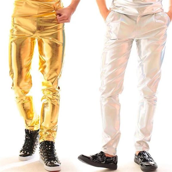 Pantaloni pantaloni in pelle finta motocicletta in argento oro pantaloni per uomini pantaloni per uomini pantalon homme punk moda cantante da ballo rock