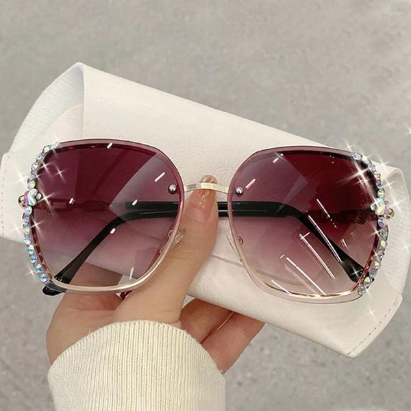 Sonnenbrille Stilvolles Design Strass Damen Übergroße randlose Sonnenbrille Geschenktüte