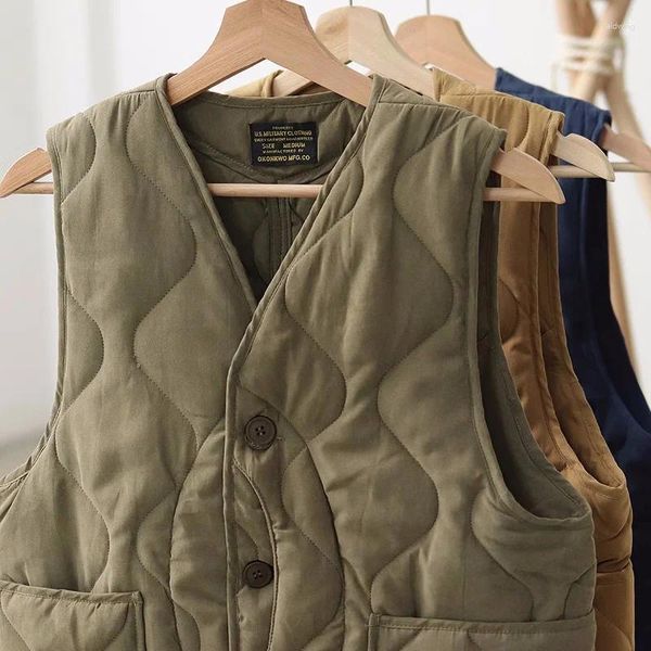 Gilet da uomo stile vintage inverno caldo fodera in cotone spesso gilet tinta unita multi-tasche outwear giacca interna casual