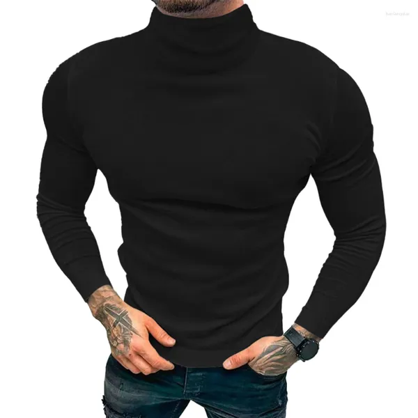 Camiseta masculina confortável térmica, cor sólida, manga comprida, gola tartaruga, pulôver, top para temporada de inverno